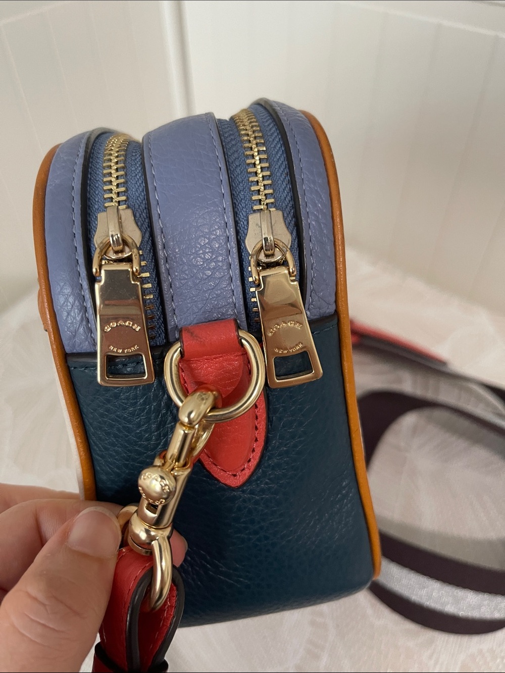 COACH Cream Leather Crossbody with Red Strap and Navy Trim - Picture 10 of 13